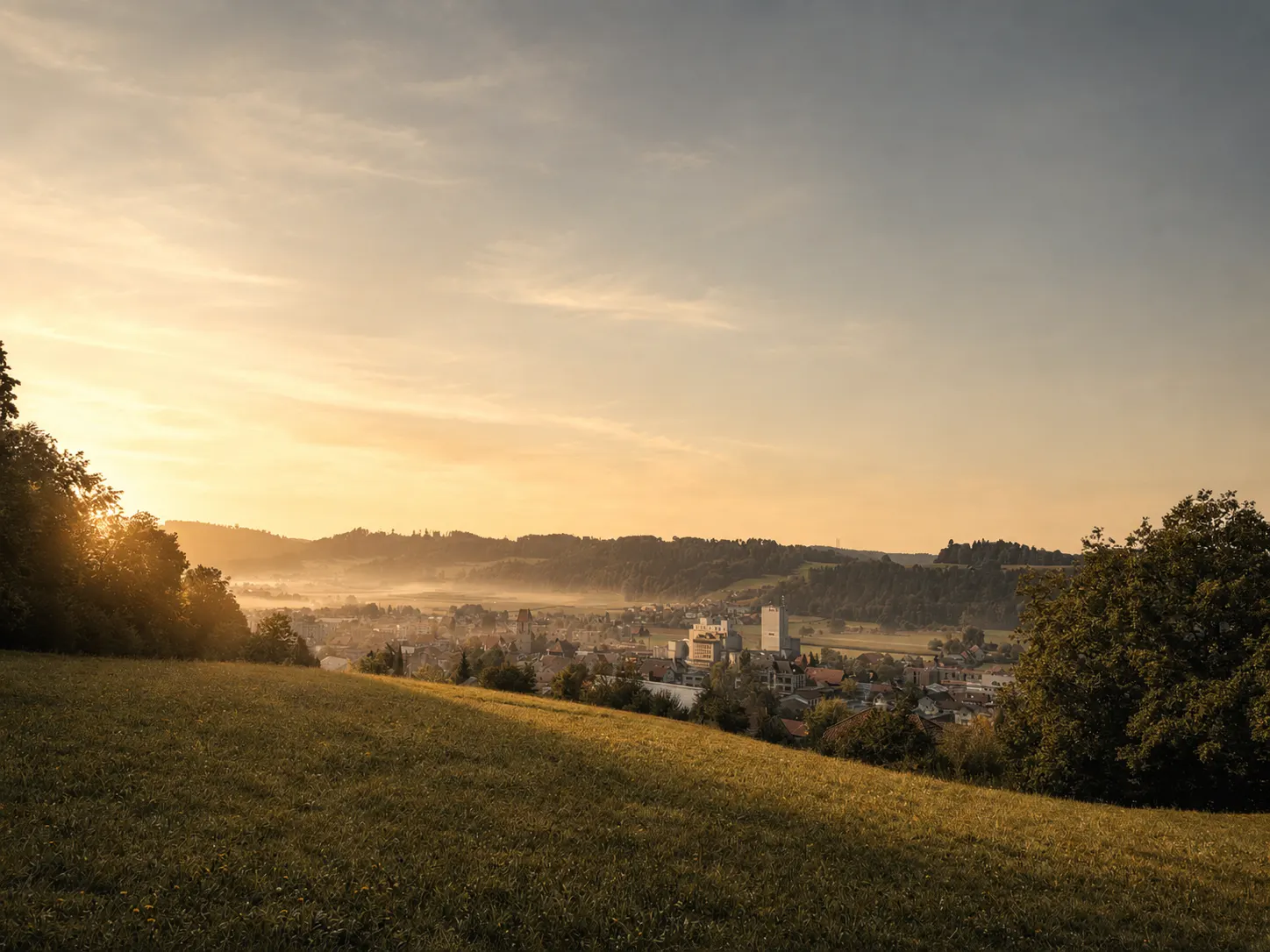 Blick über Schöftland im Wynental, Kanton Aargau, in der Morgenstimmung
