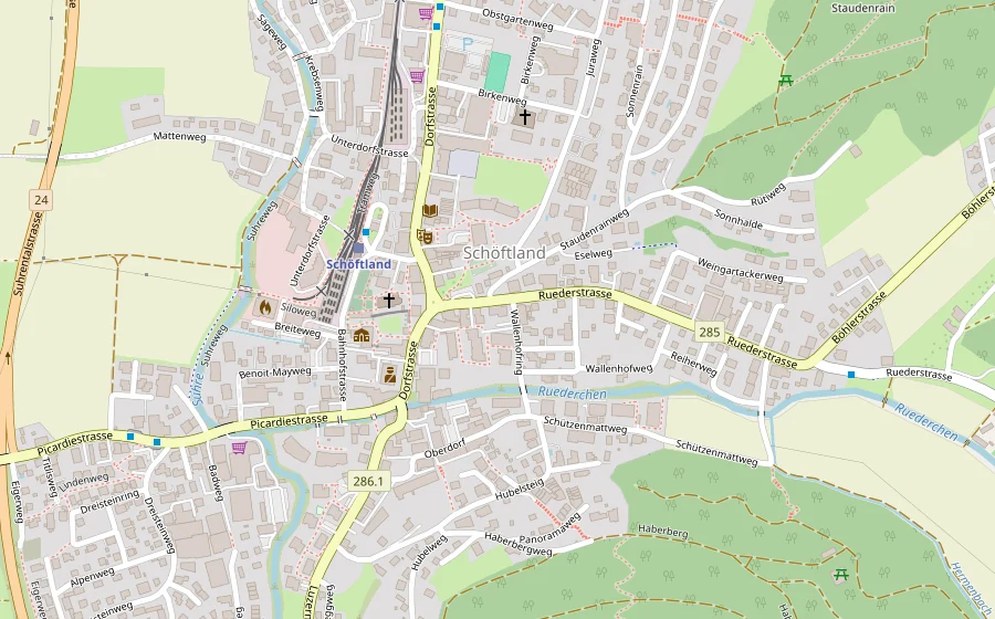 Kartenausschnitt von Schöftland mit der Lage der Kanzlei an der Ruederstrasse 8