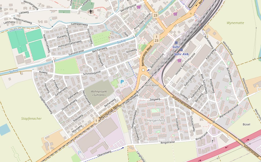Kartenausschnitt von Suhr mit der Lage der Kanzlei an der Bernstrasse-West 60